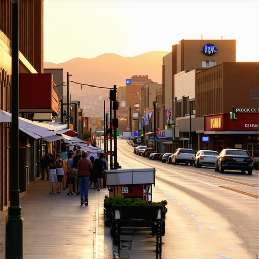 Night view of Albuquerque with illuminated storefronts and lively streets