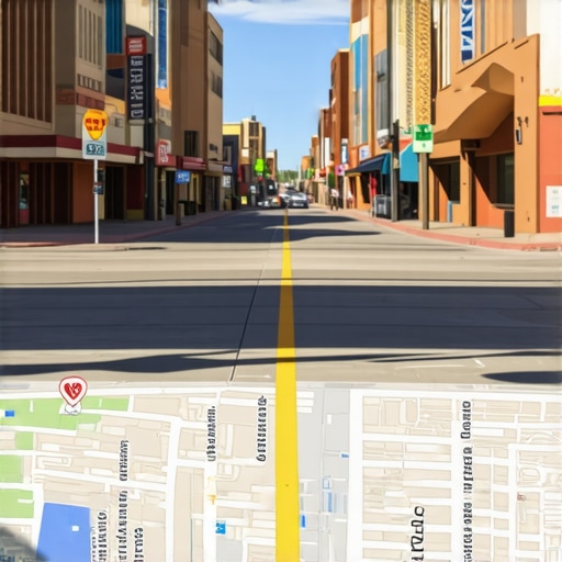 Busy Albuquerque street with Google Maps highlights showing local business locations