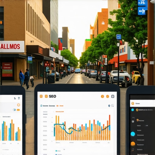 A bustling Albuquerque street with businesses and digital SEO analytics on screens