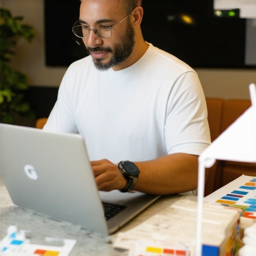 Business owner updating Google My Business profile on a laptop with marketing materials nearby.