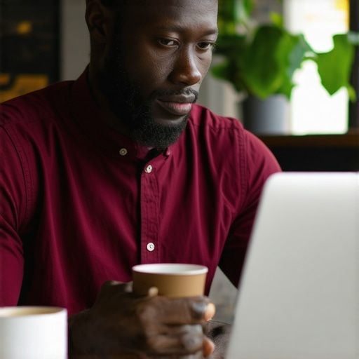 Business owner working on GMB profile on laptop in a cozy office