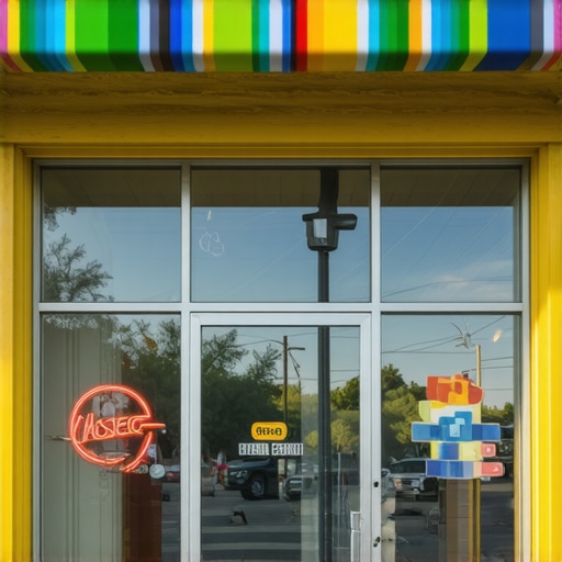 A vibrant Albuquerque storefront with welcoming entrance and cityscape background.