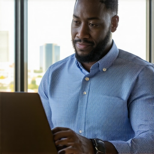 Business owner enhancing Google My Business listing on a laptop with Albuquerque skyline in background.