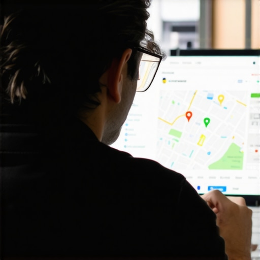 Business owner updating Google My Business profile on a laptop with Albuquerque cityscape in the background.