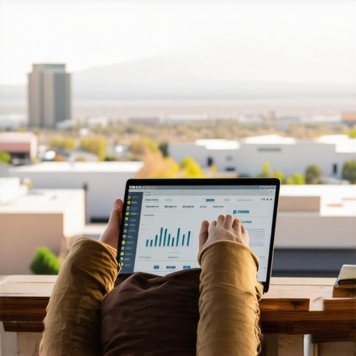 Person analyzing SEO metrics on laptop in front of Albuquerque cityscape