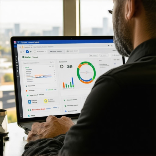 Business owner analyzing Albuquerque local SEO performance on a laptop with cityscape