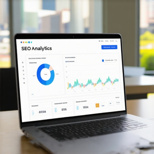 SEO Dashboard with Albuquerque Skyline Laptop showing SEO analytics with Albuquerque cityscape in background.
