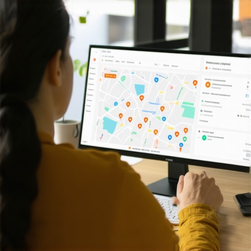 Person analyzing SEO dashboard with maps and ranking data