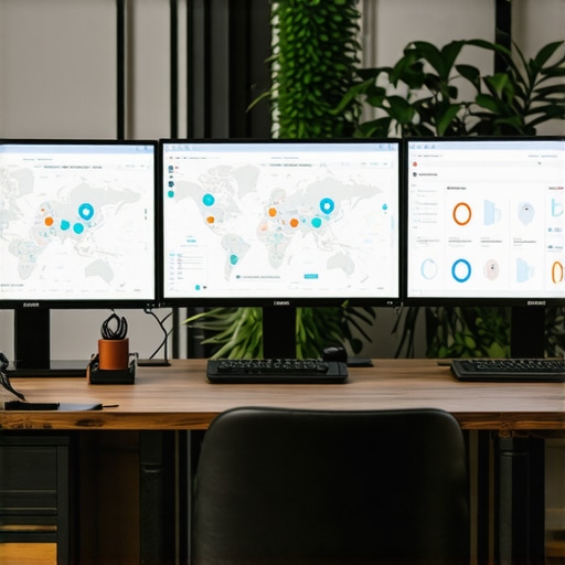 Desktop setup with maps ranking analytics and optimization tools.