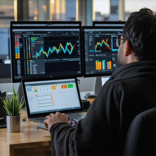 Person analyzing local SEO data on computer screens with Albuquerque skyline