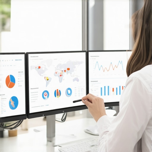 Marketing professional reviewing SEO analytics on computer screens with maps and graphs.