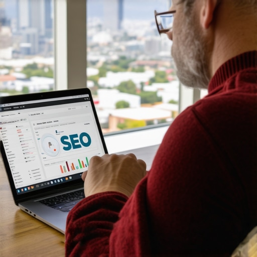 A person reviewing local SEO metrics on a laptop with Albuquerque skyline in the background.