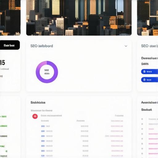 A person analyzing SEO dashboard metrics on a computer with Albuquerque city skyline in the background.