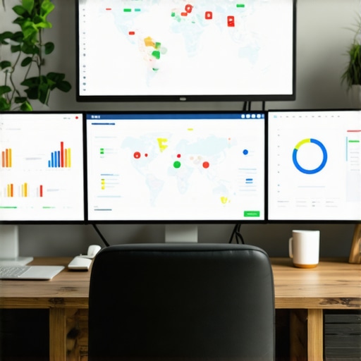 A modern desk setup with computer screens displaying local SEO analytics and maps.