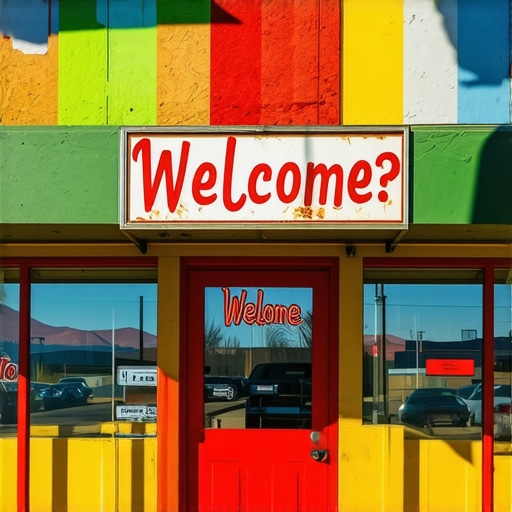 A well-lit store entrance of a local Albuquerque shop showcasing its signage and inviting atmosphere