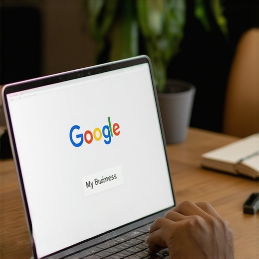 Person editing Google My Business profile on a laptop with local Albuquerque background.