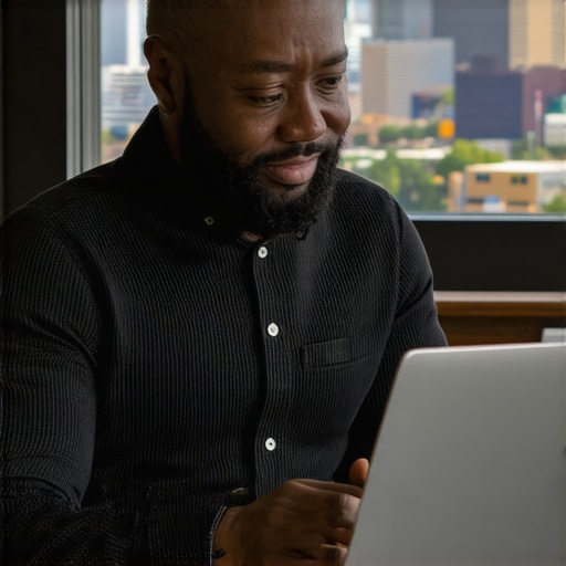 Business owner editing Google My Business profile with Albuquerque skyline