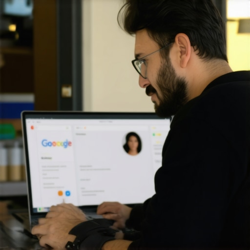 Business owner editing Google My Business listing on a laptop with Albuquerque storefront behind