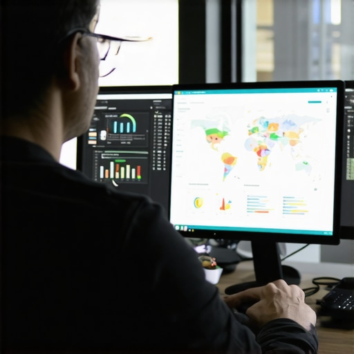 Expert using SEO tools for local map ranking A person analyzing local SEO data on a laptop with maps and graphs